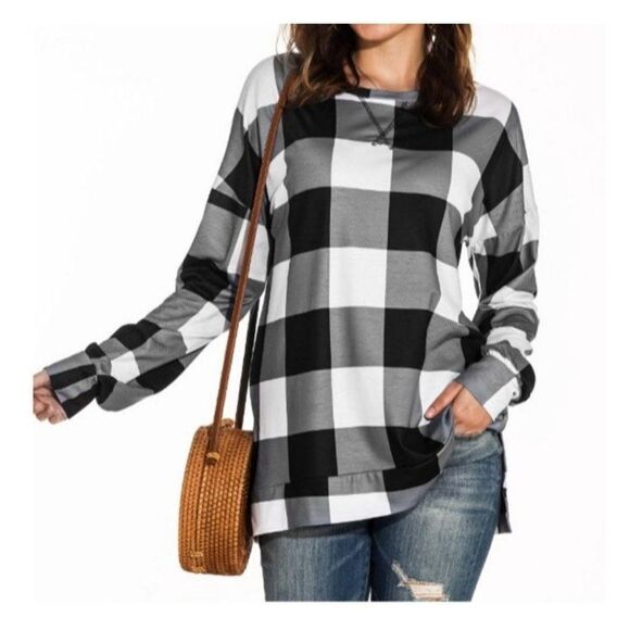Women's Long Sleeve Plaid Printed Slit Hemline Long Sleeve Mid-Length Tops - Picture 1 of 4